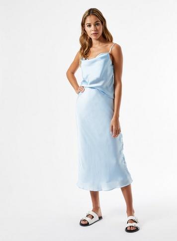 Womens Blue Slip Satin Midi Skirt With Recycled Polyester, Pale Blue