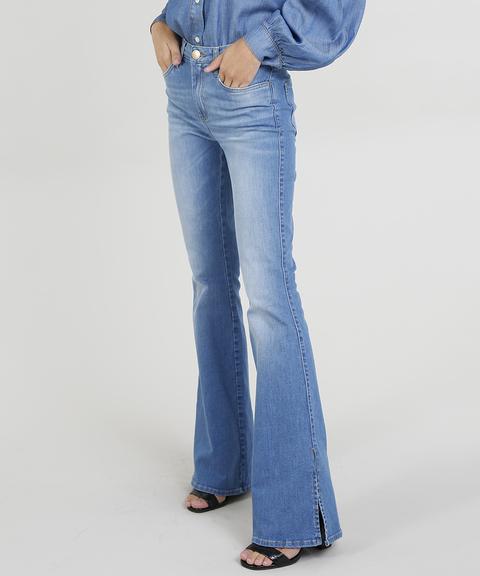 Calça Jeans Flare Mindset Com Fendas Azul Médio