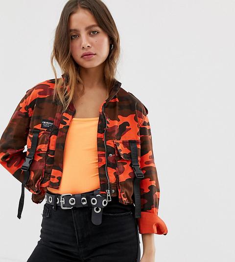 Bershka Cropped Trucker Jacket In Camo Print