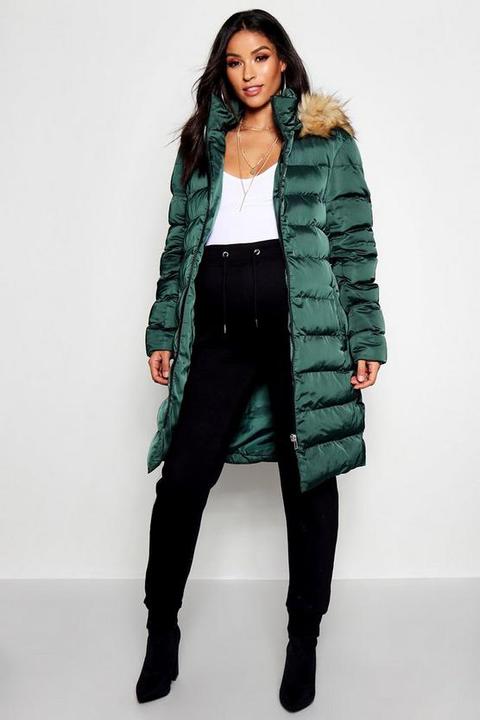 Maternity Padded Faux Fur Trim Coat