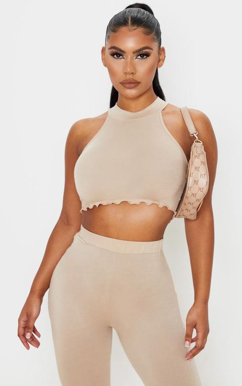 Stone Jersey High Neck Racer Back Crop Top