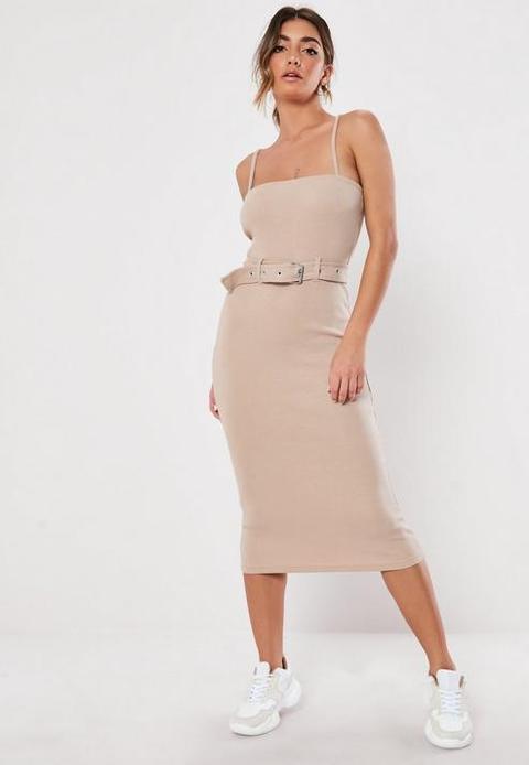 Stone Rib Belted Cami Bodycon Midi Dress, Stone