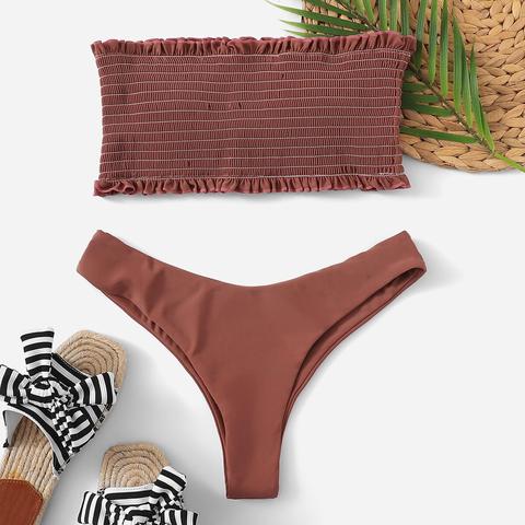 Bandeau Ribete Fruncido Smocked Con Bikini Cortado Alto