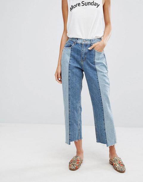 Evidnt - Mom Jeans Al Polpaccio Bicolore Con Fondo Grezzo - Blu