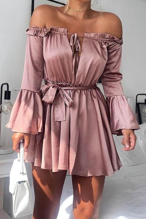 Taupe Bardot Satin Dress