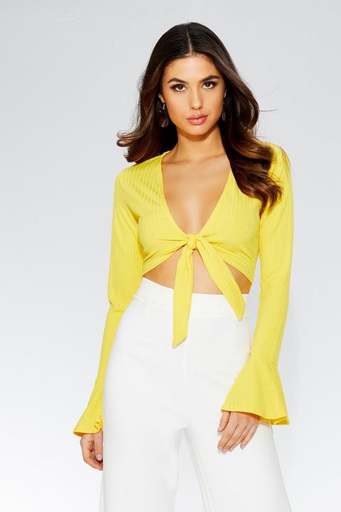 Yellow Ribbed Tie Front Crop Top from 
