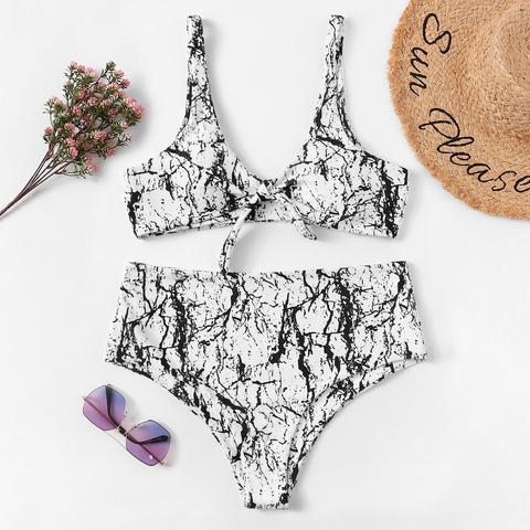Set De Bikini Con Estampado De Mármol Con Nudo Delantero-grande