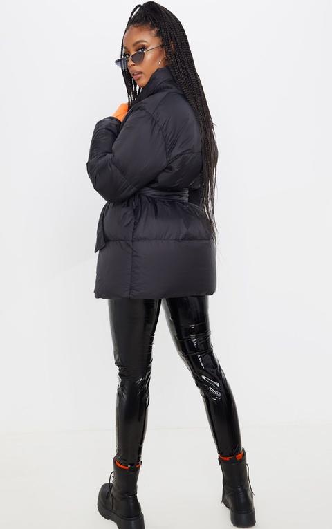 black puffer coat with tie waist