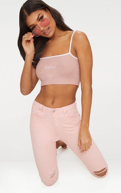 Pink California Rib Slogan Crop Top