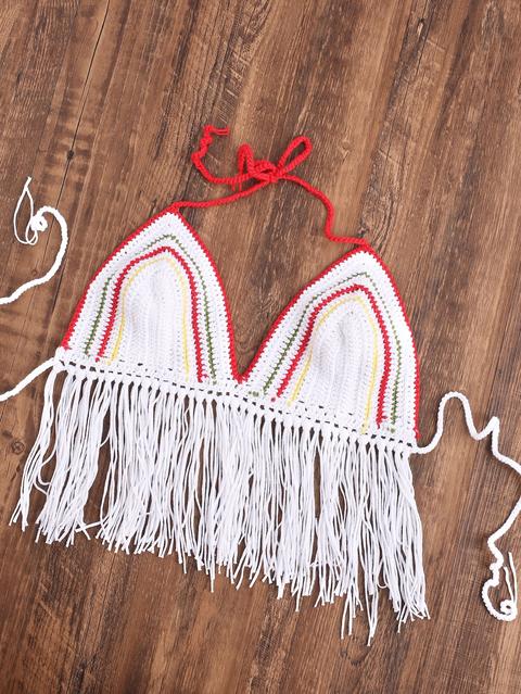 Fringe Hem Striped Crochet Halter Bralette