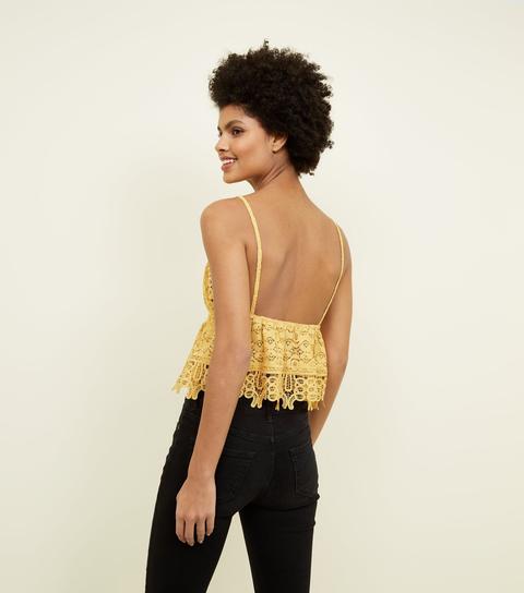 Mustard Crochet Lace Peplum Cami New Look