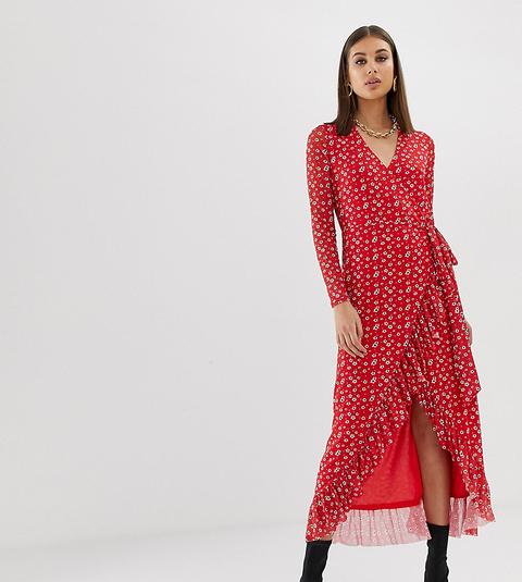 Vestido Cruzado Con Volante Y Estampado Floral En Rojo De Na-kd