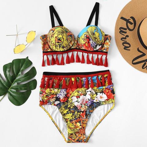 Bikini Con Stampa Floreale A Coste E Nappa