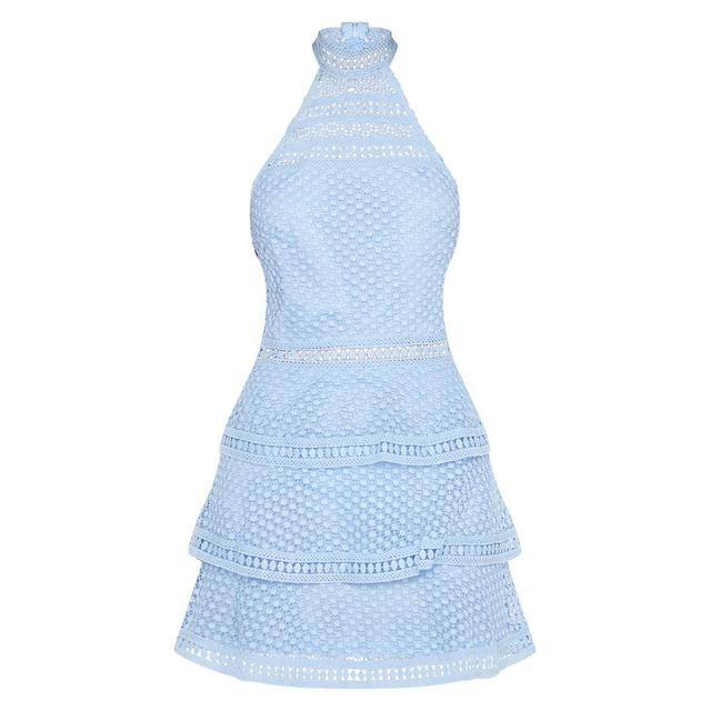 Raine dusty blue lace cheap panel tiered bodycon dress