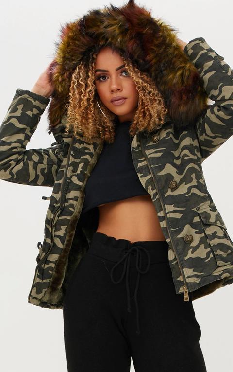 Camo Faux Fur Trimmed Hooded Coat, Camo