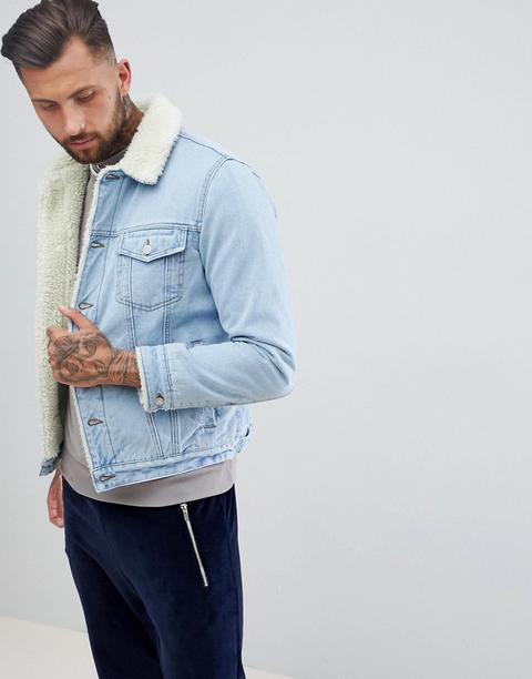 Asos Design - Giacca Di Jeans Lavaggio Blu Con Fodera In Pelo Effetto Pecora - Blu