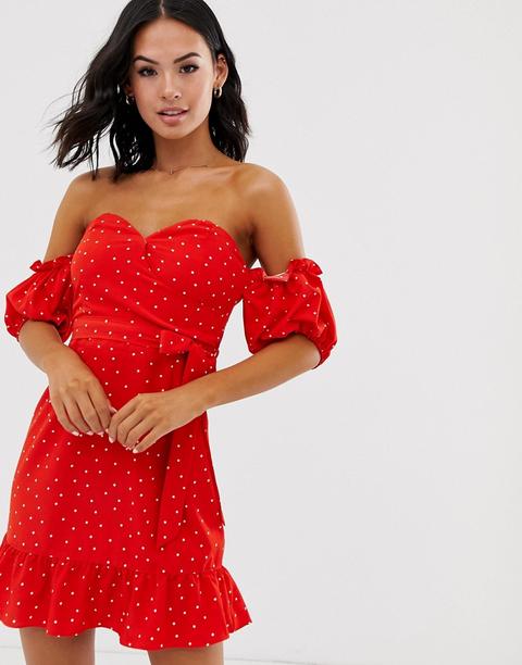 Glamorous - Vestitino Con Scollo Alla Bardot E Maniche A Sbuffo A Pois - Rosso