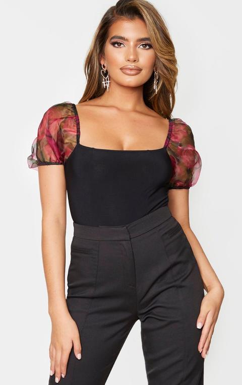 Black Slinky Floral Organza Puff Sleeve Bodysuit