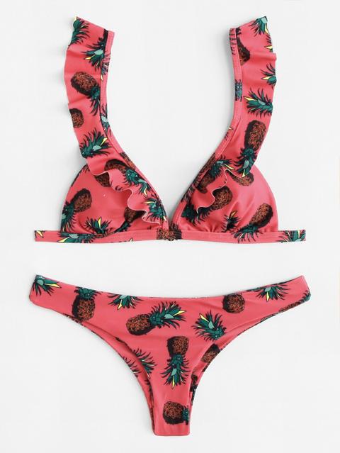 Set De Bikini Fruncido Con Estampado De Piña