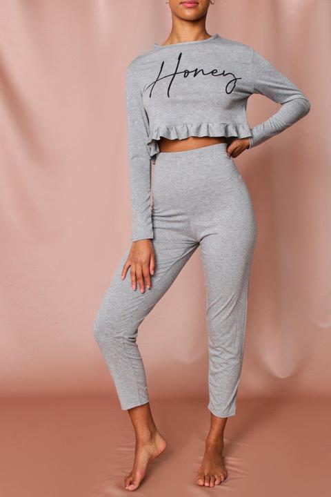 Honey Slogan Frill Hem Pj Trouser Set