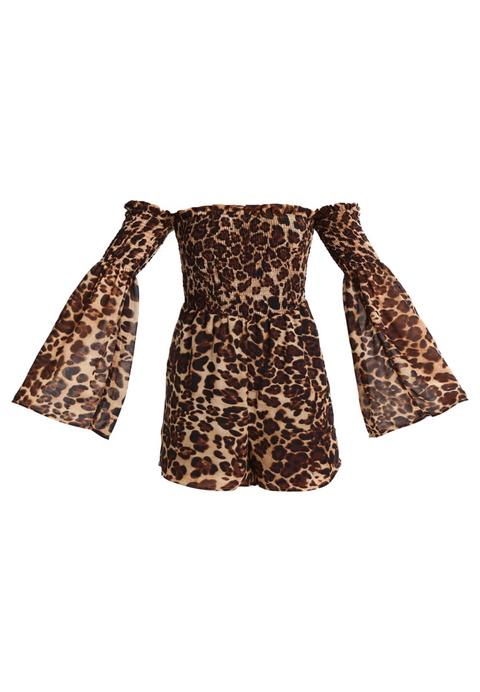 Missguided Leopard Sheared Bardot Tuta Jumpsuit Brown