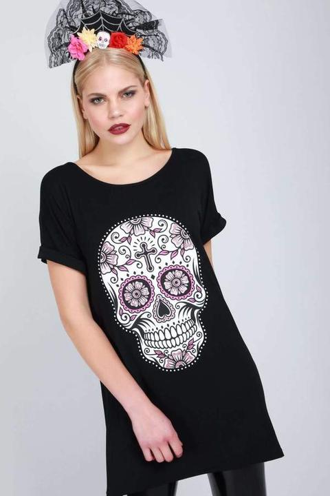 Candy Skull Print Roll Sleeve T-shirt Dress