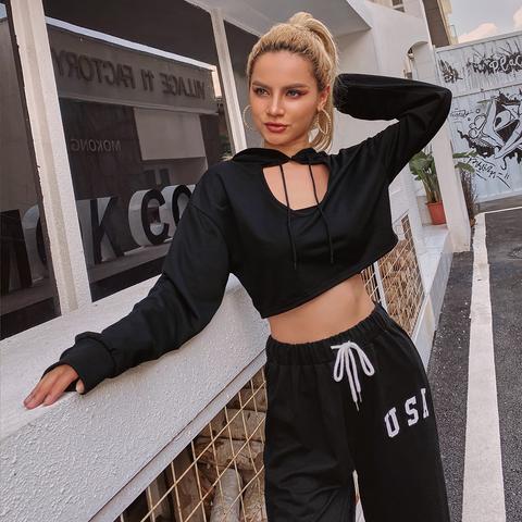 Drop Shoulder Peekaboo Crop Hoodie