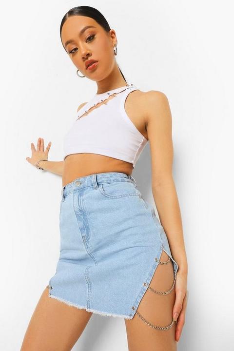 Womens Chain Detail Denim Raw Hem Skirt - Blue - 10, Blue