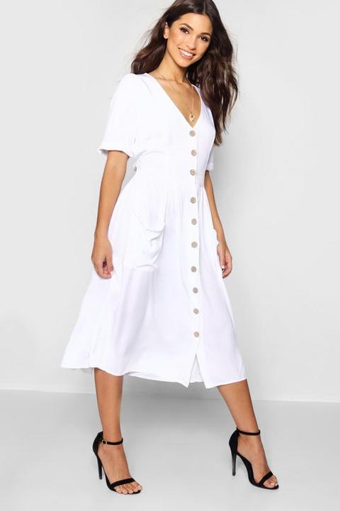 Button Front Pocket Detail Midi Dress