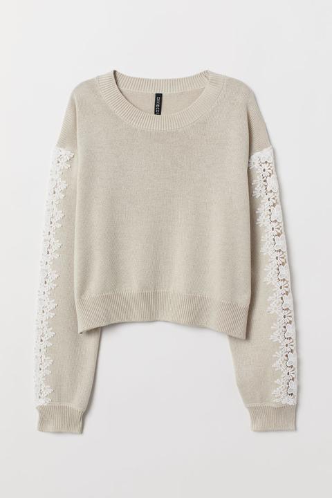 H & M - Pullover In Maglia Con Pizzo - Beige