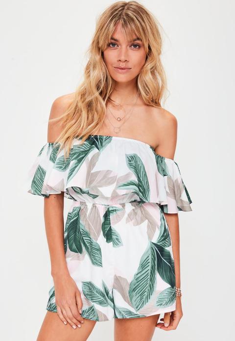 White Tropical Leaf Print Bardot Playsuit, White