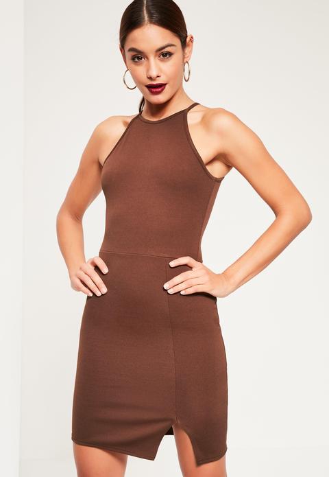 Brown 90s Neck Mini Dress