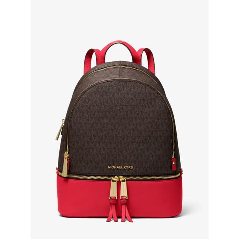 Mk Rhea Medium Logo And Pebbled Leather Backpack - Brn/brt Red - Michael Kors