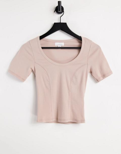 Camiseta Nude/beis De Manga Corta Con Cuello Ancho De Topshop