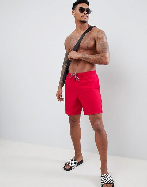 Asos Design - Pantaloncini Da Bagno Rossi Di Media Lunghezza Con Coulisse Bianca E Nera - Rosso