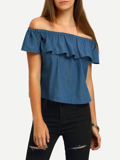 Blusa Escote Barco Volantes Denim -azul