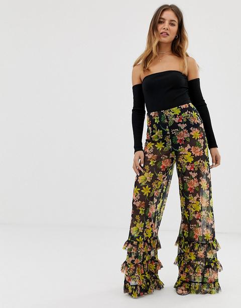 Asos Design Wide Leg Trousers In Floral Print Mesh With Ruffle Hem-multi