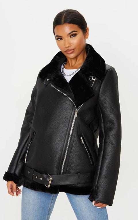 Veste Aviateur Noire Oversized En Similicuir, Noir