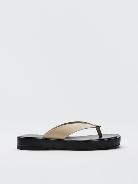 Ecru Leather Platform Sandals With A V-shaped Upper