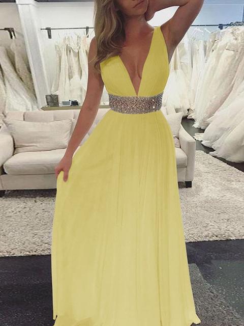 Maxi Dress Partito Con Scollo A V A Pieghe Con Paillettes Giallo