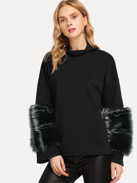 Pullover Solido Con Pelo Sintetico A Contrasto