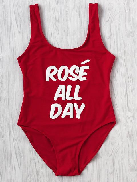 Slogan Print Scoop Neck Swimsuit