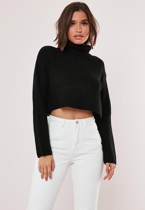 Black Turtle Neck Cropped Knit Sweater