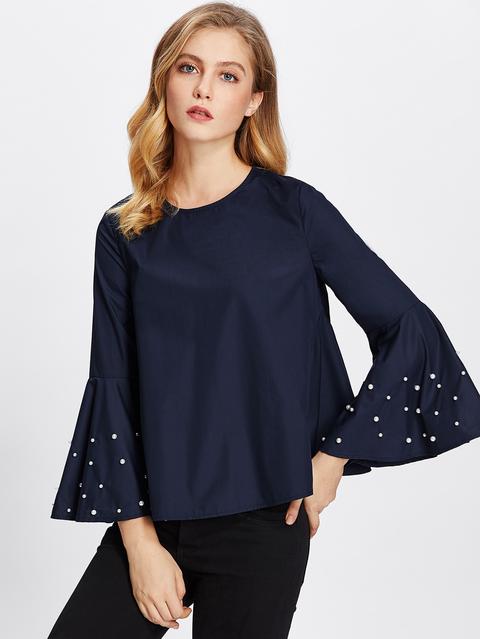 Pearl Beading Fluted Sleeve Keyhole Back Blouse