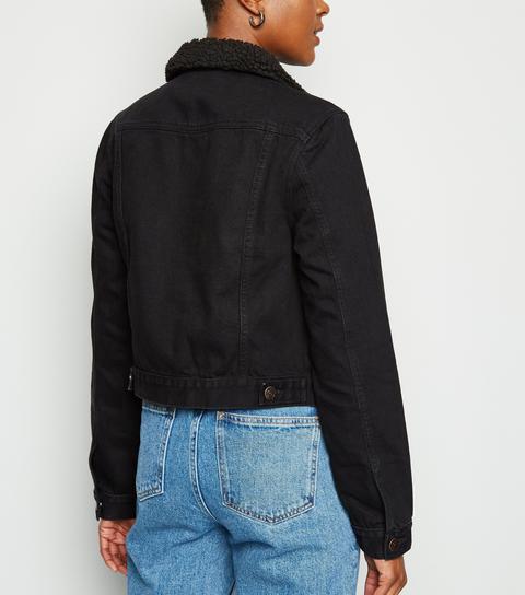 Black Borg Collar Denim Jacket New Look 