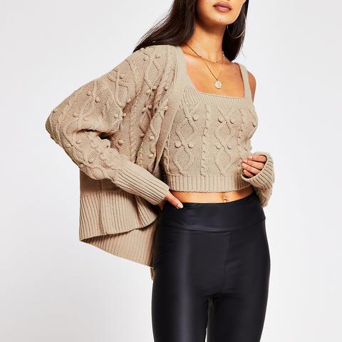 Cream Knitted Cardi And Bralet Set