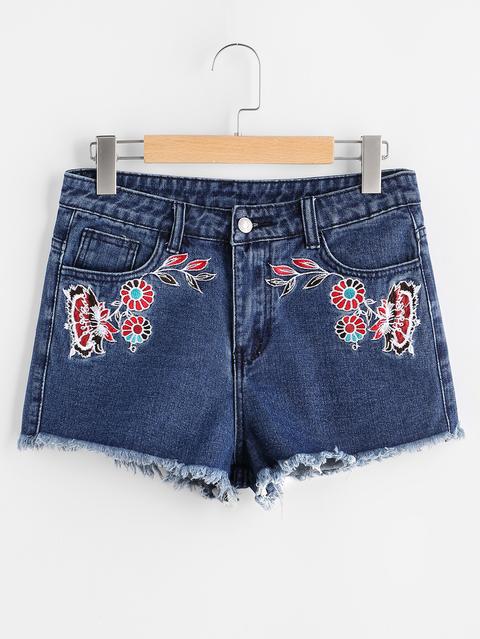 Shorts Con Fiore Ricamato Sul Denim