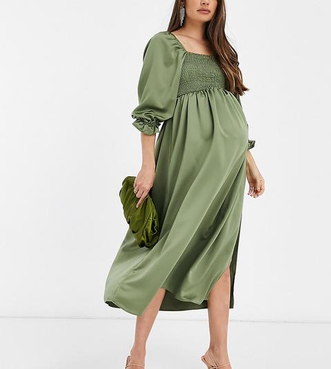 Vestido Largo Caqui Con Diseño Fruncido De Satén De Asos Design Maternity-verde