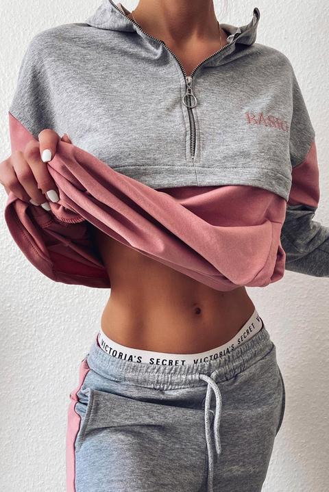 Grey & Pink Oversized Basic Hoodie And Joggers Tracksuit Set