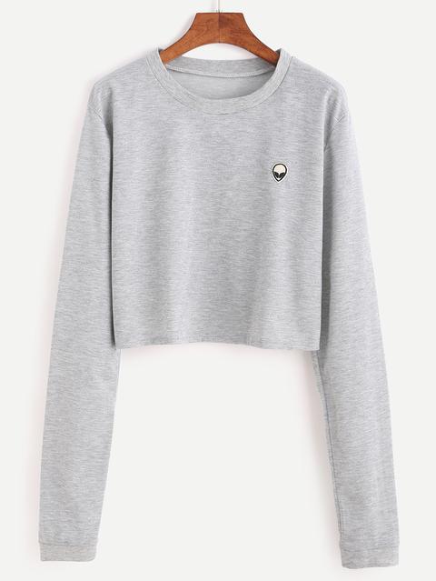 Grey Alien Embroidered Patch Crop Sweatshirt